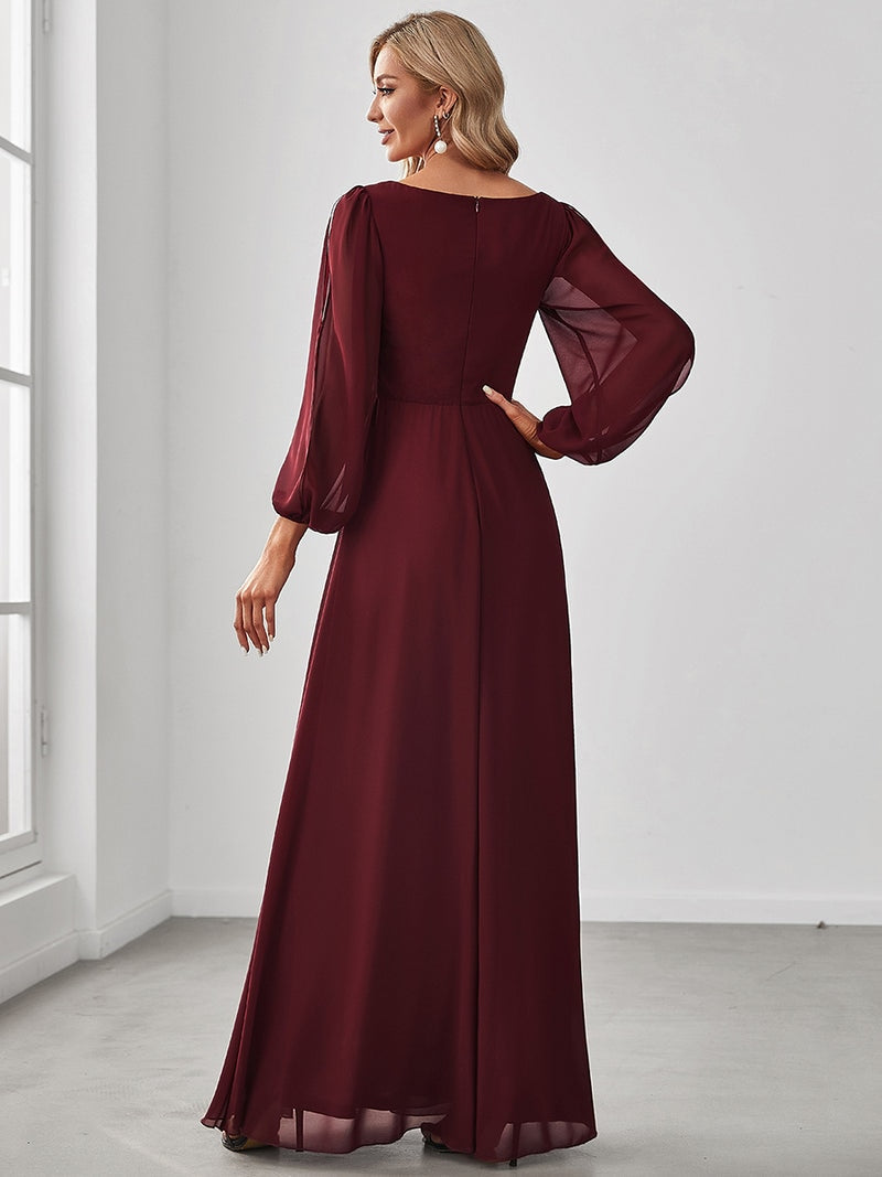 Elegant Evening Dresses Long Lantern Sleeves V-neck 2023 ever pretty of A-LINE Chiffon Burgundy flower beltbelt Prom Dress Women