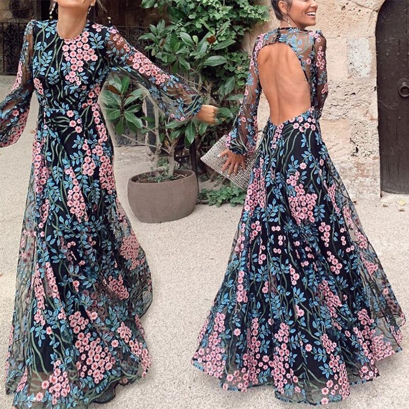 Elegant Maxi Dress 2023 Spring Summer Women&#39;s Clothes Sexy Backless Slim Print Dress Outfits For Women Vestidos