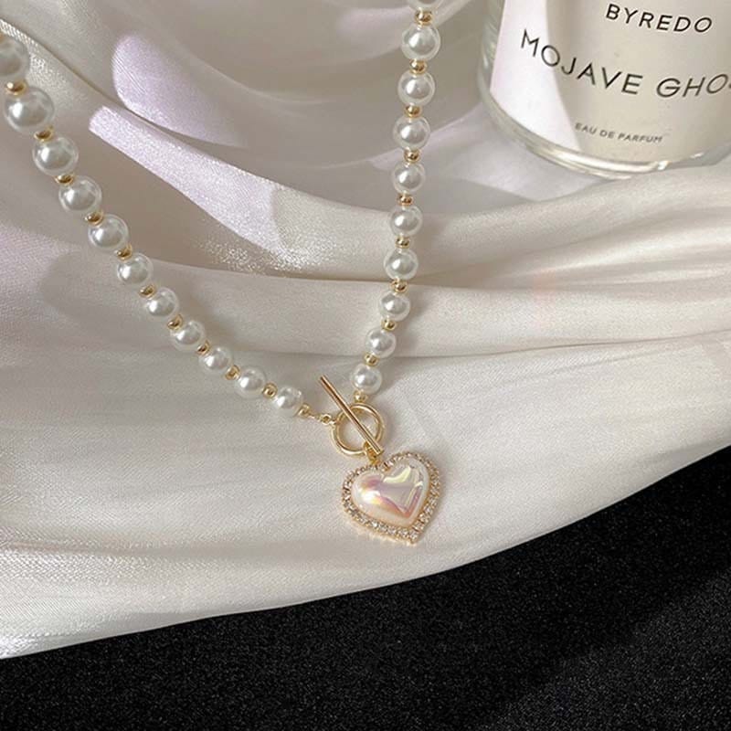 Chic Toggle Clasp Heart Pendant Pearl Chain Choker Necklace
