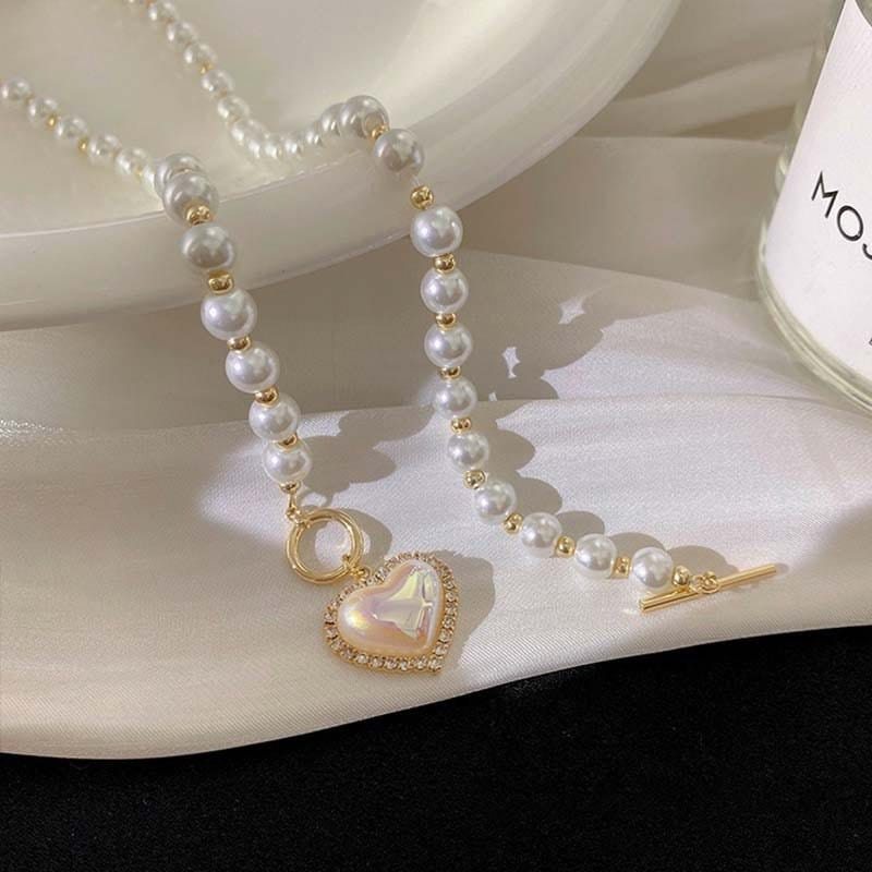 Chic Toggle Clasp Heart Pendant Pearl Chain Choker Necklace