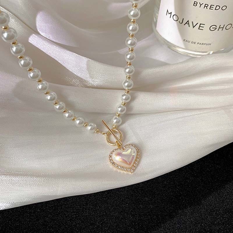 Chic Toggle Clasp Heart Pendant Pearl Chain Choker Necklace