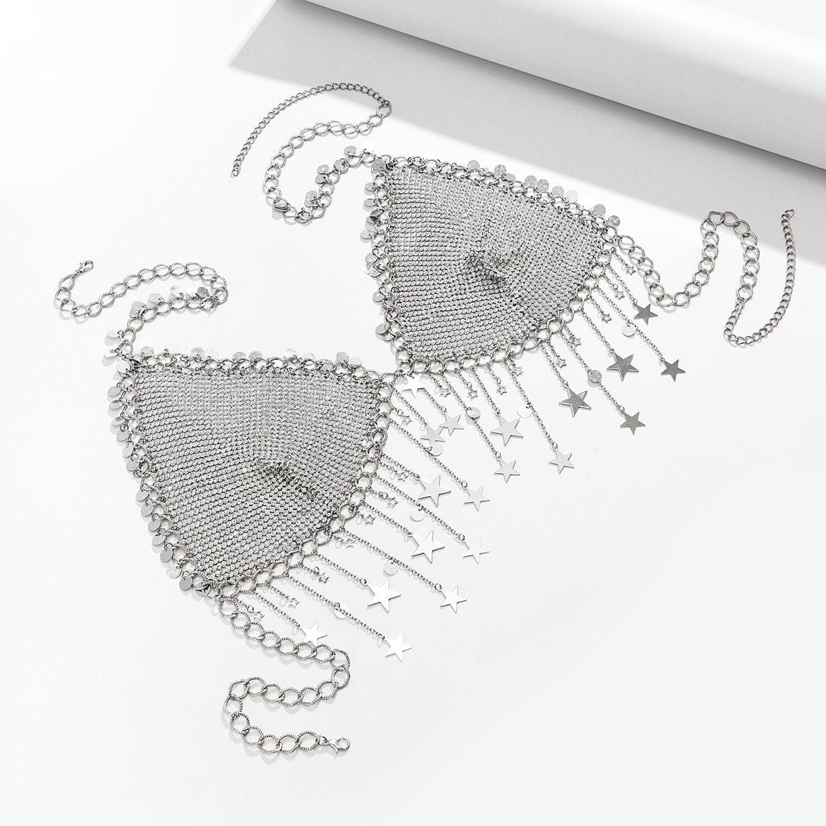 Crystal Body Chain Bra with Rhinestone Inlay and Tassel Detail - 18k Gold Silver Plated