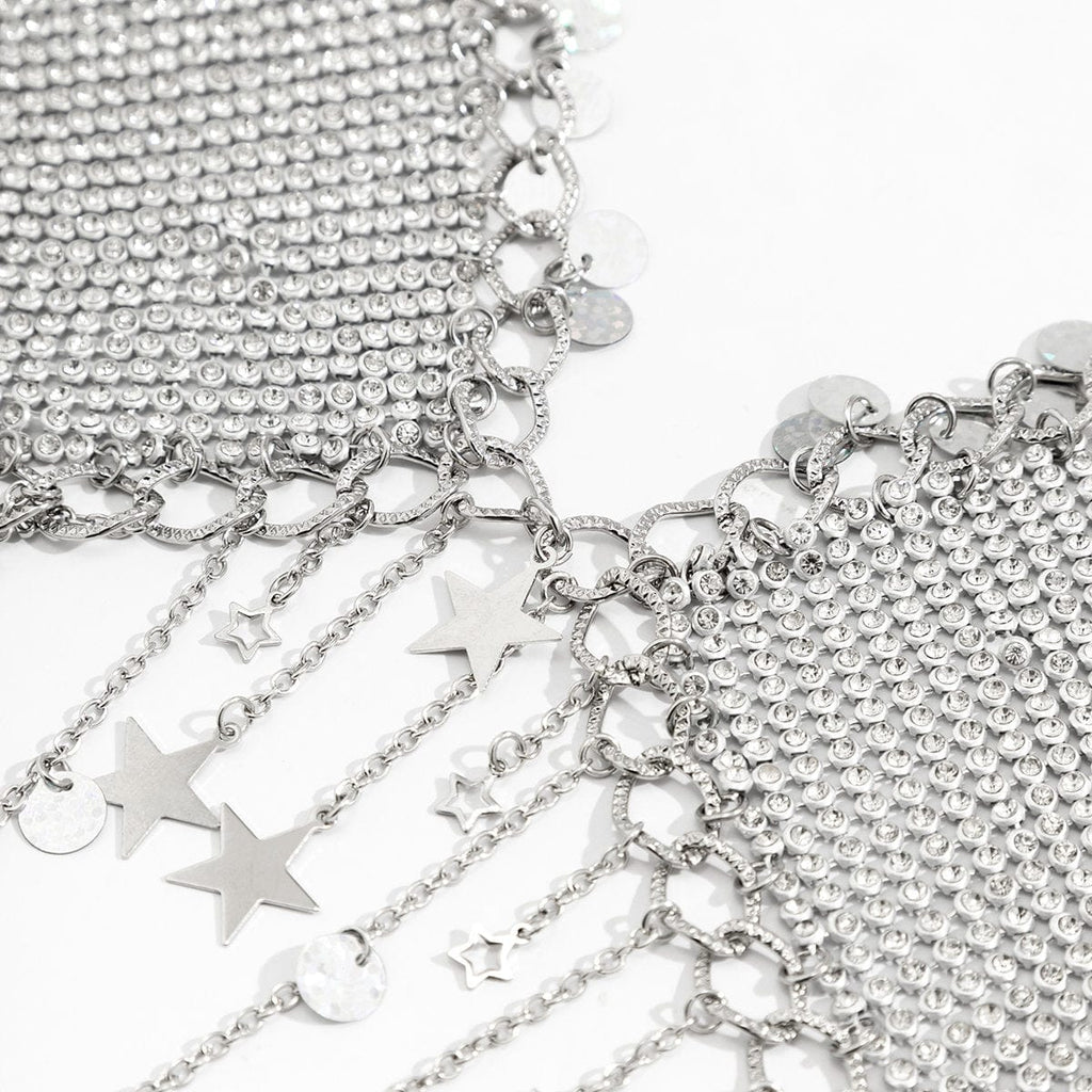 Crystal Body Chain Bra with Rhinestone Inlay and Tassel Detail - 18k Gold Silver Plated