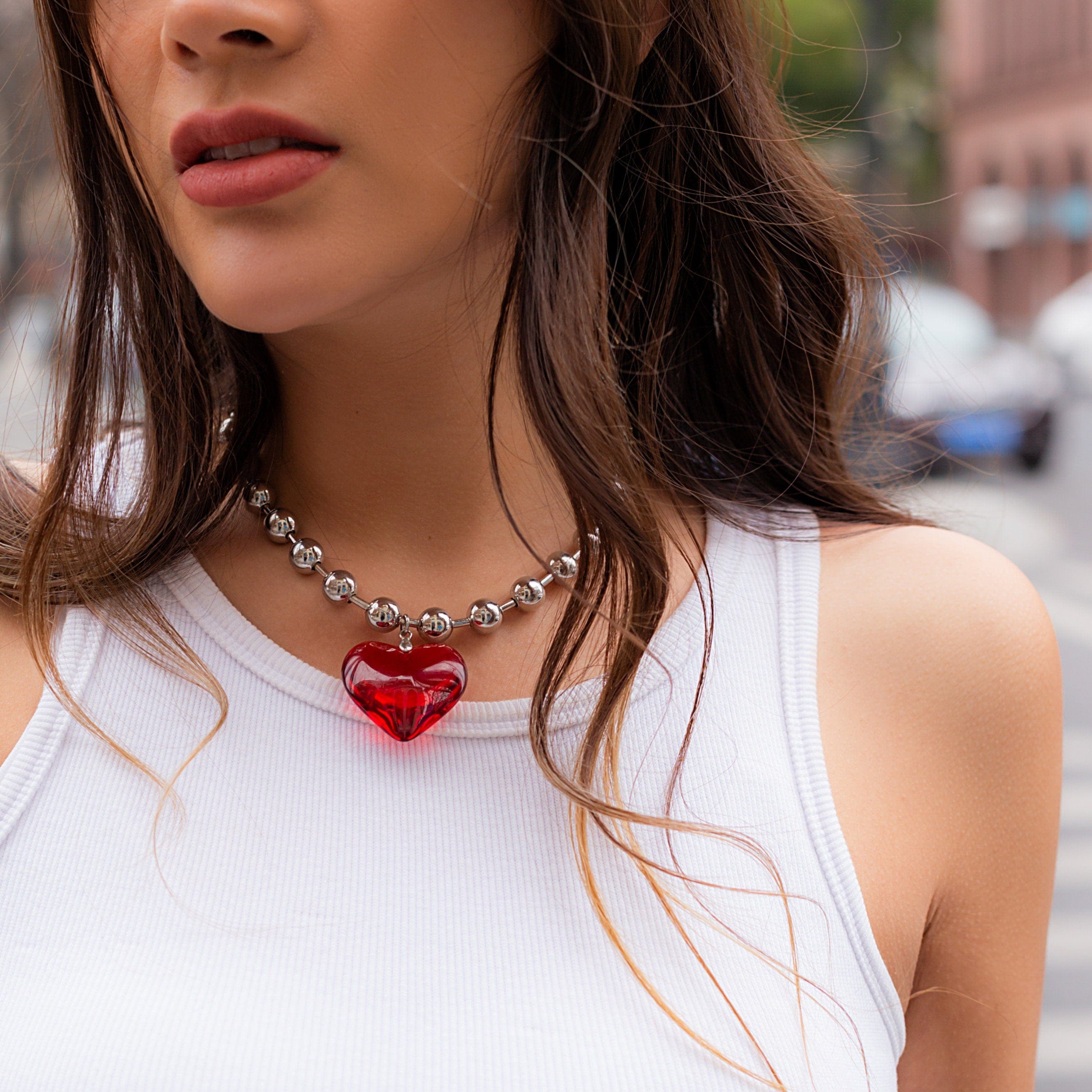 Crystal Heart Pendant Ball Chain Choker Necklace