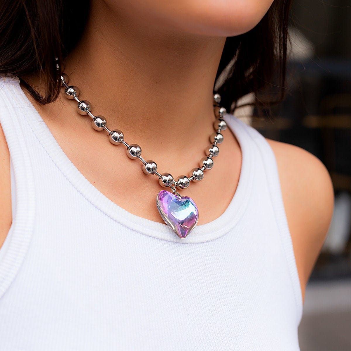 Crystal Heart Pendant Ball Chain Choker Necklace