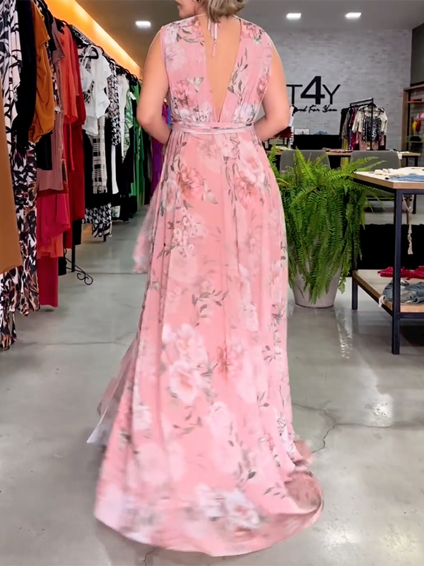 Elegant Empire Bandage Floral Printed V-Back Maxi Dresses